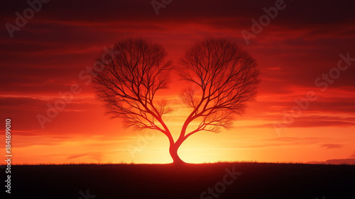 Heart shaped tree, sunset, silhouette, romantic, landscape, glowing sky, peaceful mood