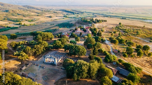 🌄 Scenic aerial view of Apolonia Archaeological Park, Albania – golden hour