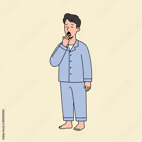 Sleepy man in pajamas yawning with hand covering mouth.