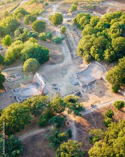 🌞 Sunlit stone ruins in Apolonia Archaeological Park, Albania – drone photography