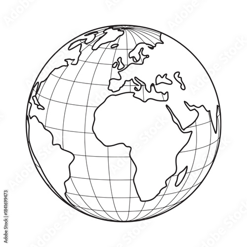 Simple black and white line art illustration of the earth globe showing continents