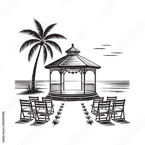 A black and white illustration of a romantic beach wedding ceremony setup with a gazebo and palm tree.