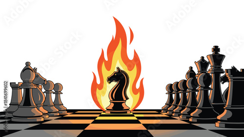 A chessboard with a flaming knight piece on fire between two teams of chess pieces