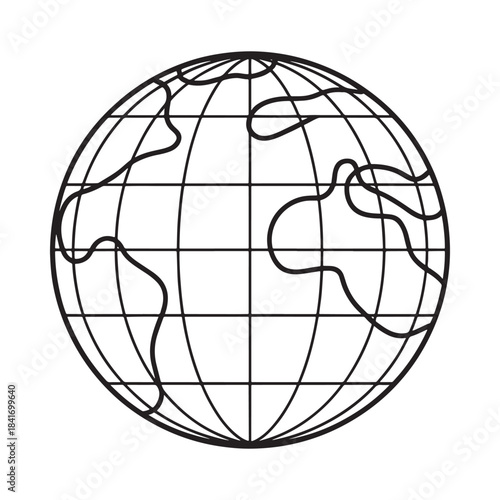 A simple line art illustration of a globe representing earth and world map