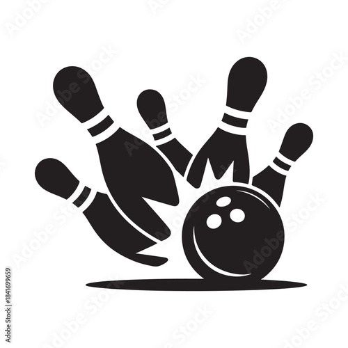 A striking scene black bowling ball impacting pins in a dynamic illustration