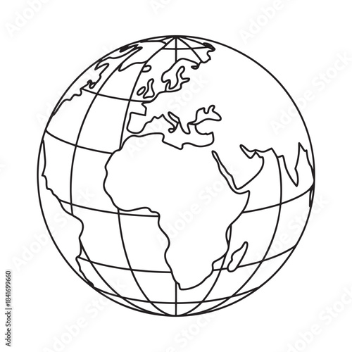 A simple line art illustration of the earth globe showing continents and grid lines