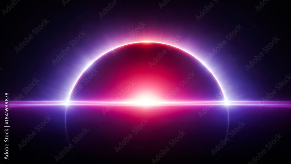 Obraz premium An aweinspiring solar eclipse fills the frame with a vibrant glow of purple and red hues. The suns corona flares outwards, creating a stunning visual spectacle against the dark expanse of space