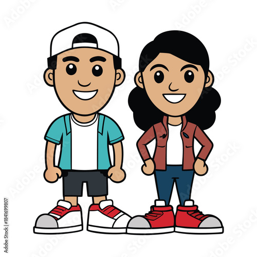 Pop art style man and woman wearing bold blue jeans and vibrant sneakers, shown in exaggerated colors and edgy outlines, creating a fun, energetic, retro-modern vibe.
