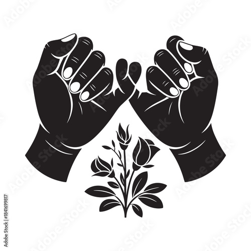 Two hands making a pinky promise with a floral arrangement below them