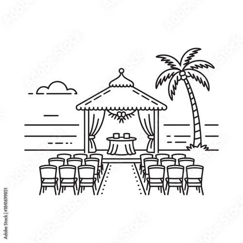 A black and white line art illustration depicting a beautiful beach wedding ceremony setup