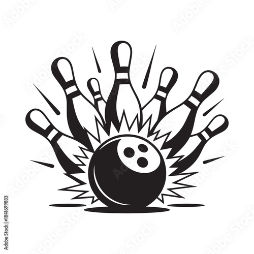 A striking scene bowling ball hitting pins with a burst of energy