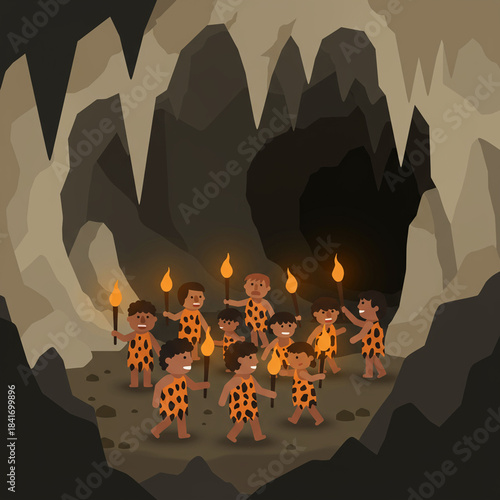 Cave Dwellers with Torches in a Cave Illustration.