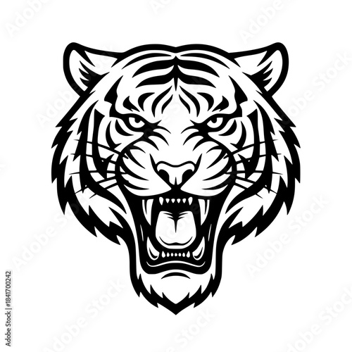Fierce Tiger Head Line Art. Black and White Vector Icon for Logo, Mascot, Wild Cat, Simple Stripe Pattern, Strength Symbol, or Jungle/Wildlife Design. Generative AI
