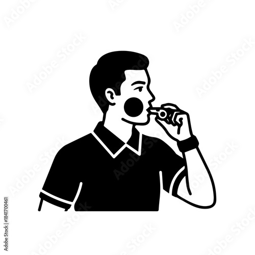 Whistle Gesture: A monochrome illustration of a referee blowing a whistle, a symbol of authority, direction, and the moment of a call. 