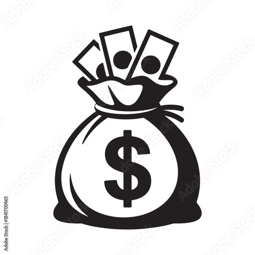 A simple black and white illustration of a bag filled with money and a dollar sign