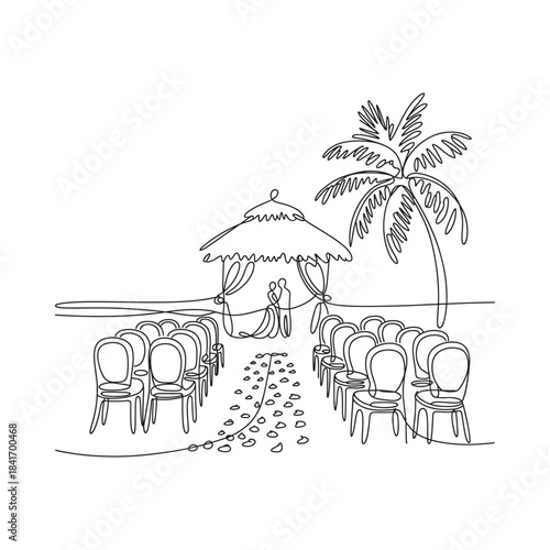 A continuous line drawing of a beach wedding ceremony with a couple under a gazebo and guest seating