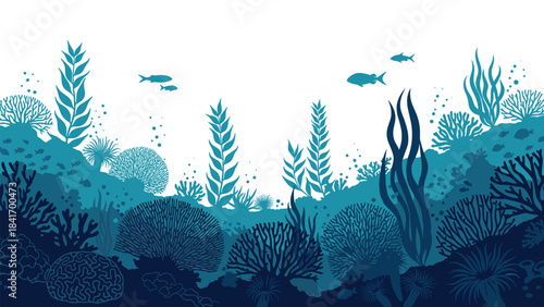 An illustration of a vibrant coral reef scene with various seaweeds and fish swimming in the ocean waters depicted in shades of blue