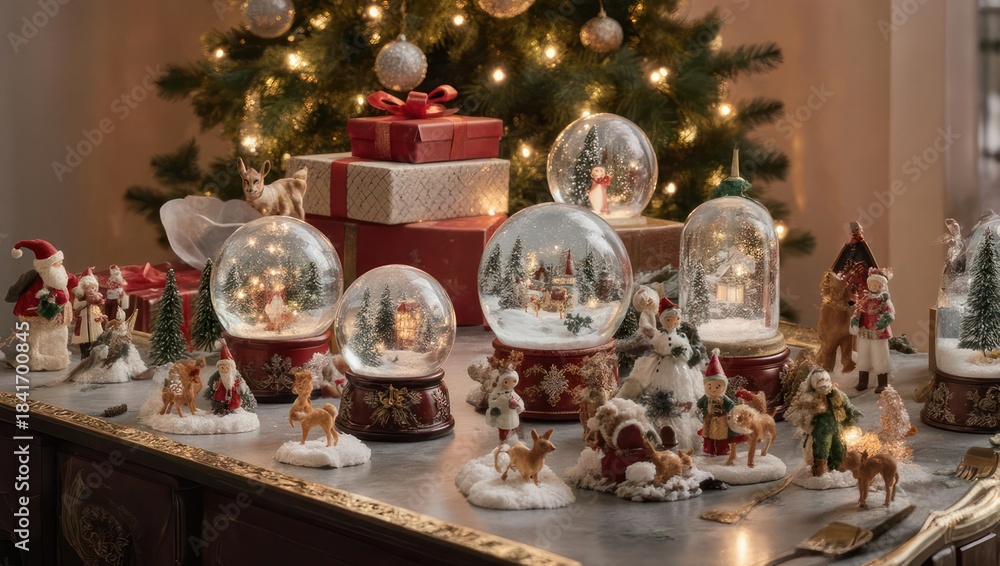 Fototapeta premium Festive tabletop scene featuring snow globes, gifts, and figurines against a glowing tree