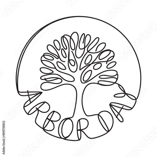 A single continuous line drawing of a stylized tree of life with the word arbor