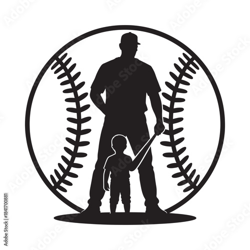 A baseball silhouette featuring a father and son with a bat inside a ball