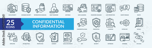 Confidential information icon set. Containing legal documents,key,security,notebook,database,eye scan and more. Outline vector icons collection