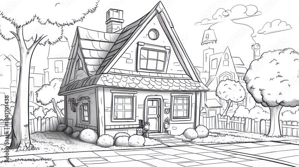 Obraz premium Cartoon house illustration with exterior view, residential neighborhood, trees, sky, perspective, architectural design