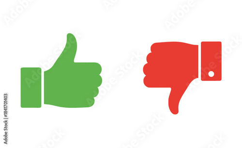 Green thumbs up and red thumbs down icons representing approval, disapproval, like, dislike, feedback, and voting concepts on a clean white background.
