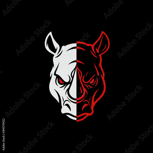 Fierce Rhinoceros Head Emblem with Red and White Contrast.