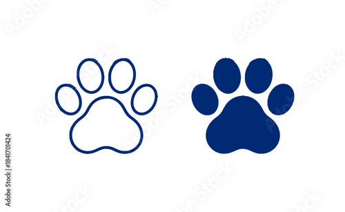  blue paw prints, one outlined and one solid, representing pets or animals on a clean white background, vector illustration.
