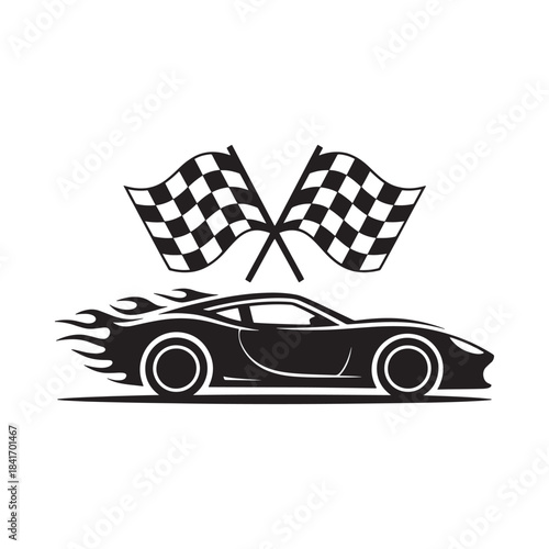 A sleek sports car speeding towards a finish line marked by checkered flags