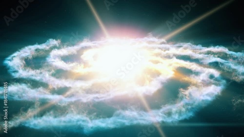A luminous blue spiral galaxy rotates around a bright energetic core resembling a sun or quasar, set against deep interstellar space. A vivid cosmic scene featuring swirling arms.