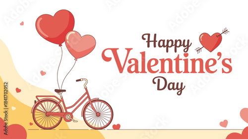 A romantic bicycle illustration with heart balloons and "happy valentine's day" greeting card