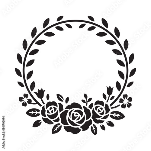 A decorative floral wreath featuring roses and leaves in a simple black design