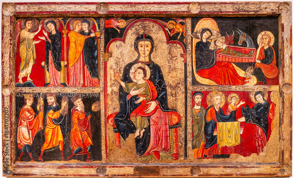 Obraz premium Avia altar, circa 1200, tempera stucco reliefs and remains of corrugated metal sheets on wood, Church of Santa Maria in Avia, MNAC, Barcelona, ​​Catalonia, Spain
