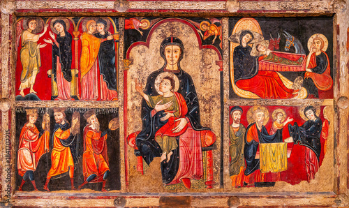 Avia altar, circa 1200, tempera stucco reliefs and remains of corrugated metal sheets on wood, Church of Santa Maria in Avia, MNAC, Barcelona, ​​Catalonia, Spain