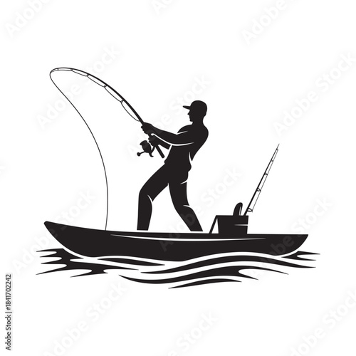 Silhouette of a fisherman in a small boat casting a line on water