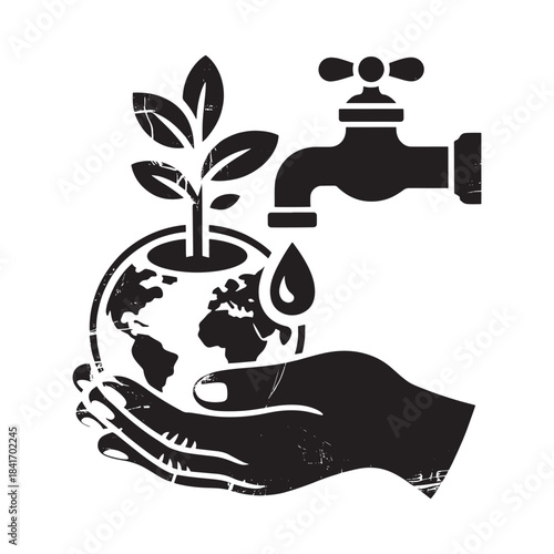 A hand holds a globe with a plant, representing environmental protection and water conservation