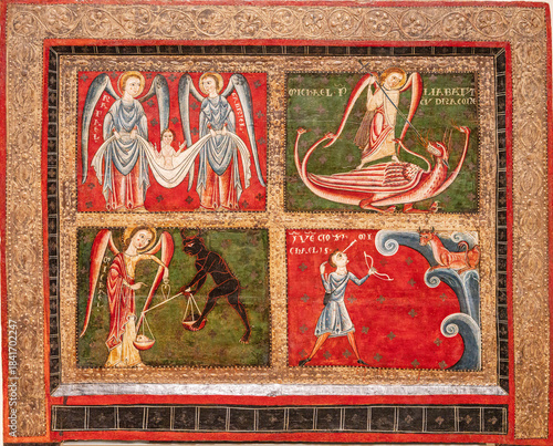 Altar frontal of the Archangels, 13th century, tempera stucco reliefs and remains of metal leaf veneer on wood, MNAC, Barcelona, ​​Catalonia, Spain