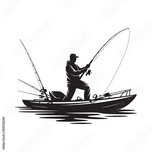 A silhouette of a fisherman in a boat casting a line into the water