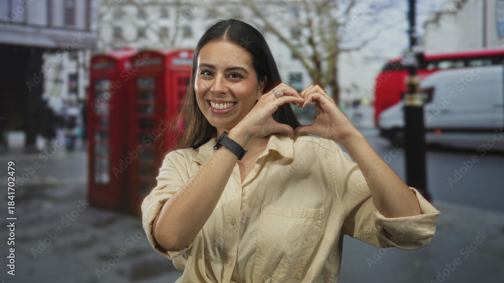 Fototapeta premium Woman forming a heart with hands on a city street by red telephone booths, smiling in beige shirt and showing rings on fingers; joy love.