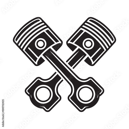 A striking black and white illustration of crossed engine pistons and connecting rods