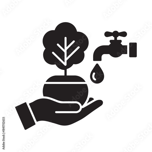 A black and white icon illustrating a hand holding a potted plant being watered by a dripping faucet