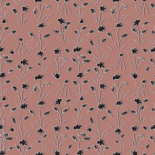Seamless floral pattern with scattered small black flowers on a dusty rose background ideal for textiles, packaging, wallpaper and modern design