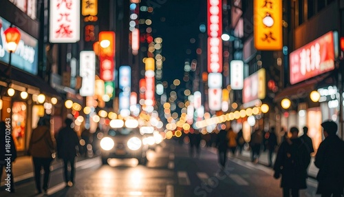 Blurry nighttime scene of people walking on a city street with neon signs and a car driving down the road in a bustling urban environment.