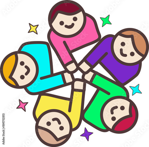 Minimalist Cartoon Teamwork Illustration of Five Business People Joining Hands in a Circle Concept