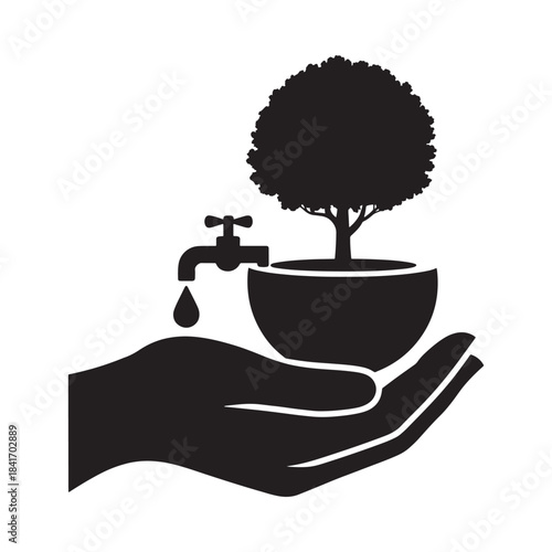 Save water, save a tree concept with hand holding a plant and dripping faucet icon