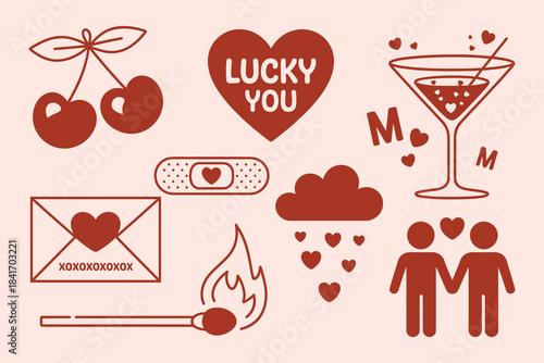 A collection of retro romance illustrations including a lucky heart, cocktail, and loving couple