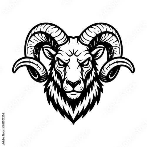 ​Mighty Ram Head Line Art. Black and White Vector Icon for Logo, Mascot, Curled Horns, Strength Symbol, Simple Sheep, or Sports/Tribal Design. Generative ai