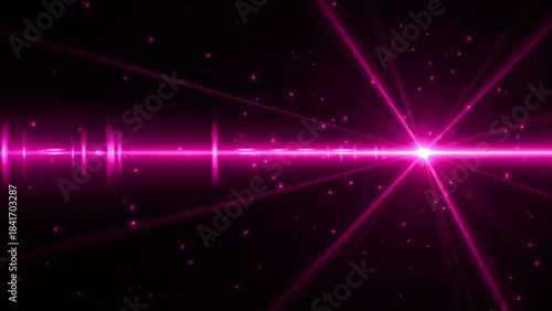 An abstract background featuring a bright, glowing pink lens flare effect originating from the centerright. Thin lines and small, twinkling particles emanate from the light source, set against a