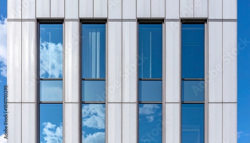 Close-up of a modern building's facade with reflective windows showing a blue sky and white clouds, against a clear blue sky.